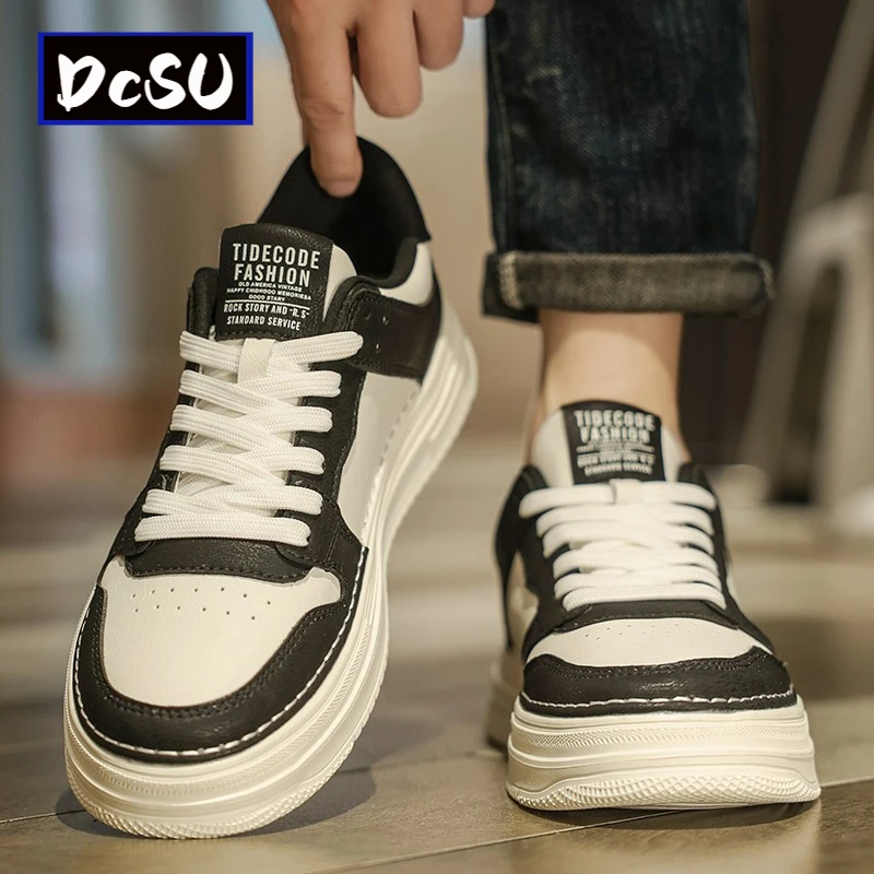 【香港DcSU&Shoes官方正品】真皮男鞋2025新款春季黑白熊猫休闲板鞋
