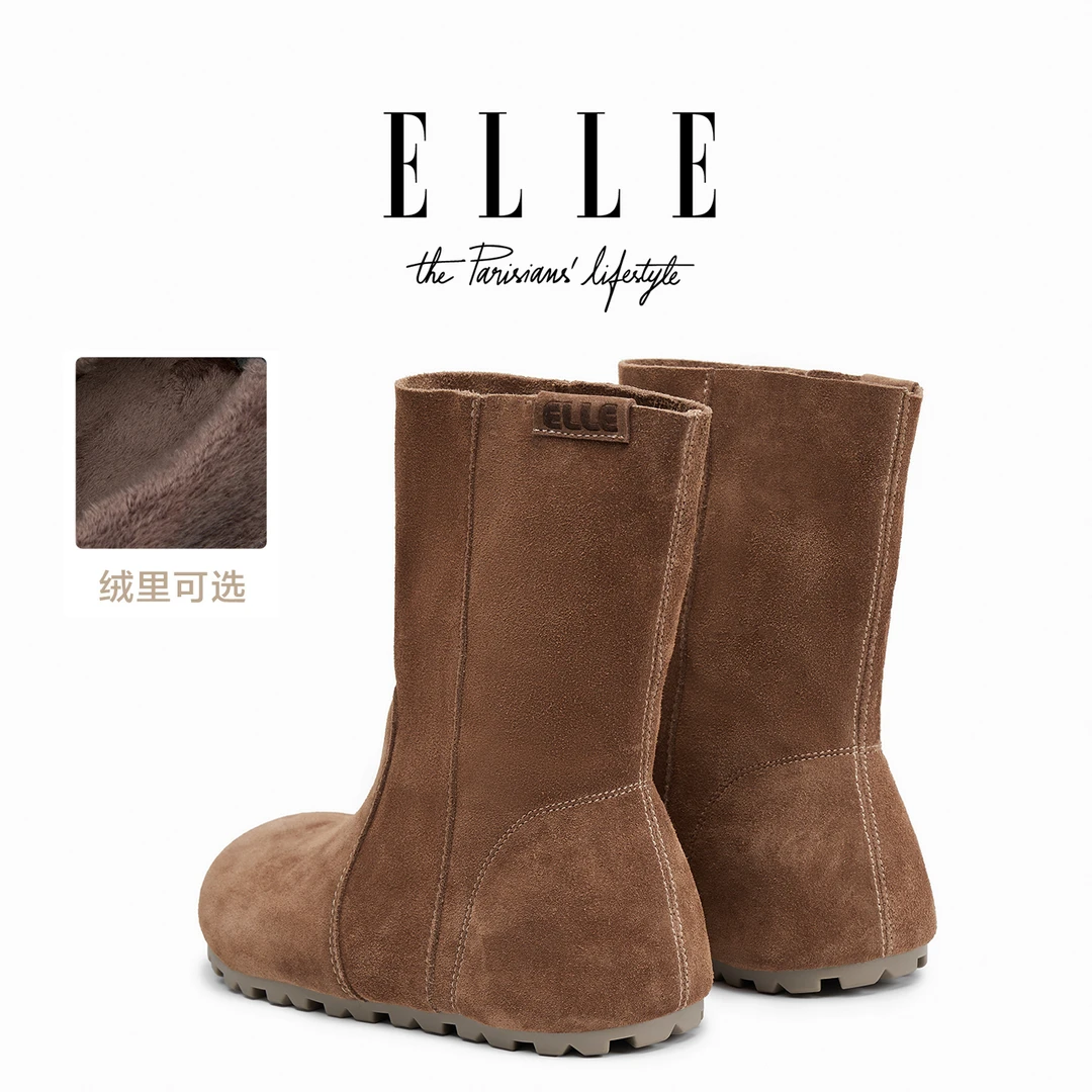 ELLE1.5CM内增高牛皮加绒中筒雪地靴女2025新款保暖短靴毛绒棉靴