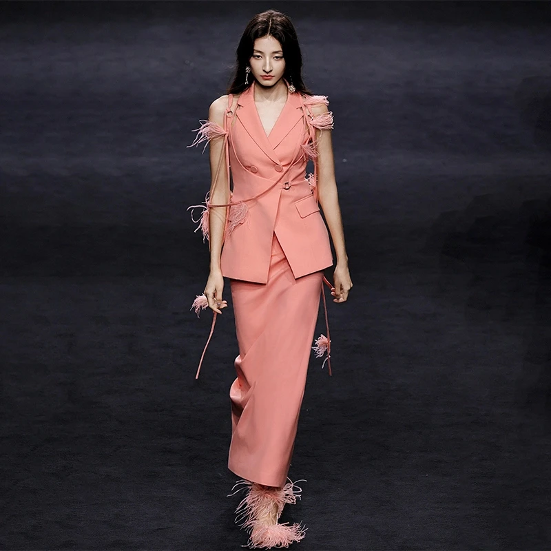 MAGGIE MA女装套装轻奢高级感粉绑带无袖显瘦气质西装套装裙868D