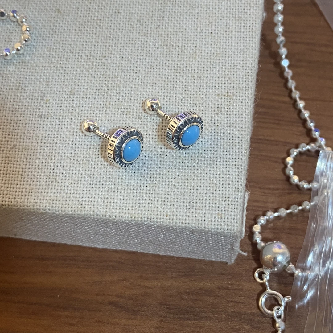 925银仿水晶耳饰 7098-圆形蓝色松螺丝球钉睡觉免摘