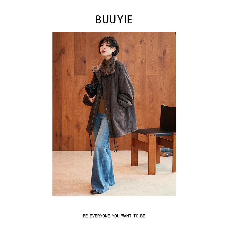 BUUYIE【灰麓】保暖毛绒内里厚外套女冬季慵懒风毛上衣251017