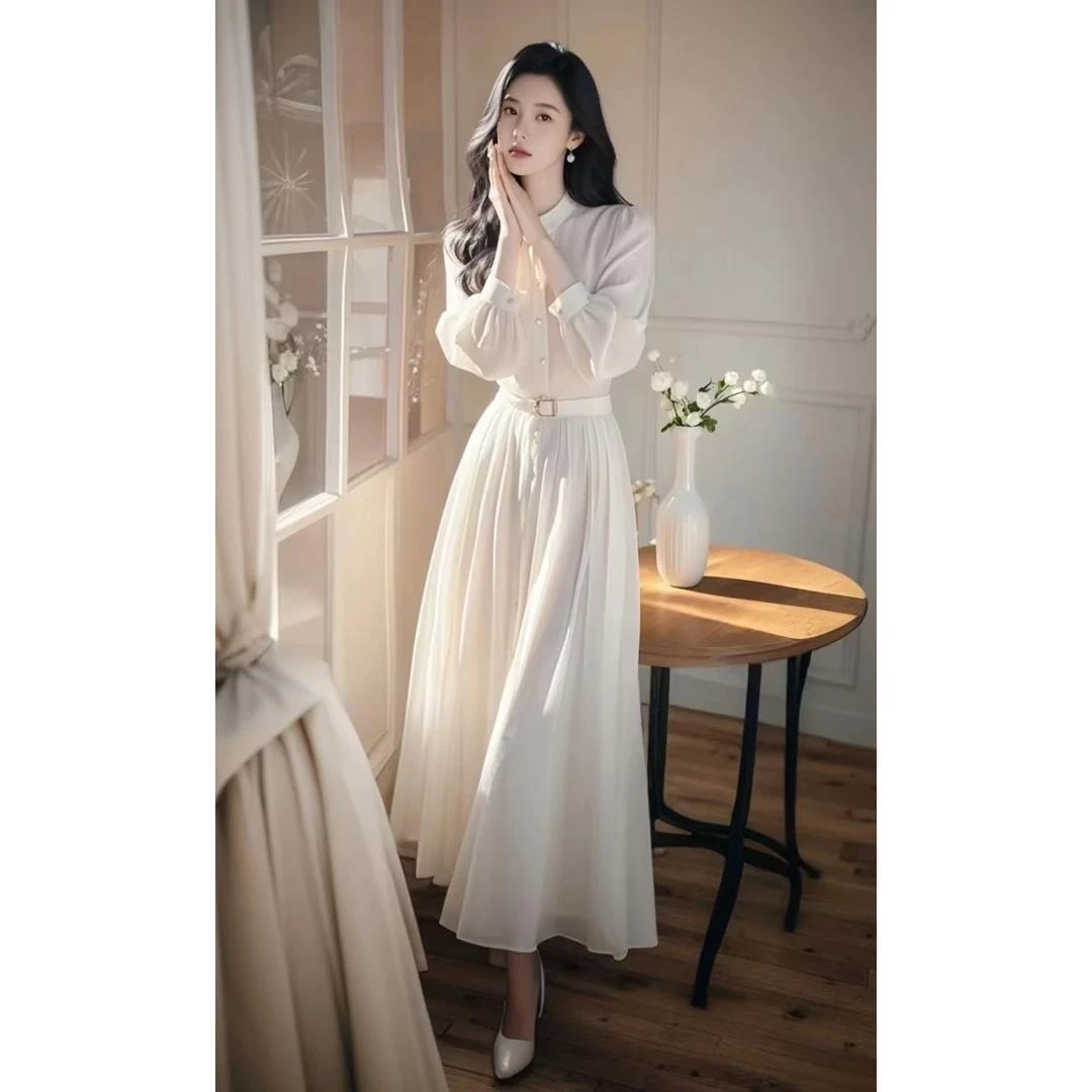 【bing】2025春季新款女装法式漂亮独特气质收腰白色雪纺衬衫连衣裙