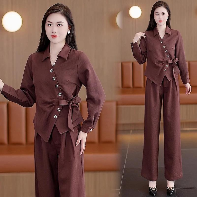 时髦套装女2025早秋新款洋气不对称减龄上衣显瘦阔腿裤休闲两件套