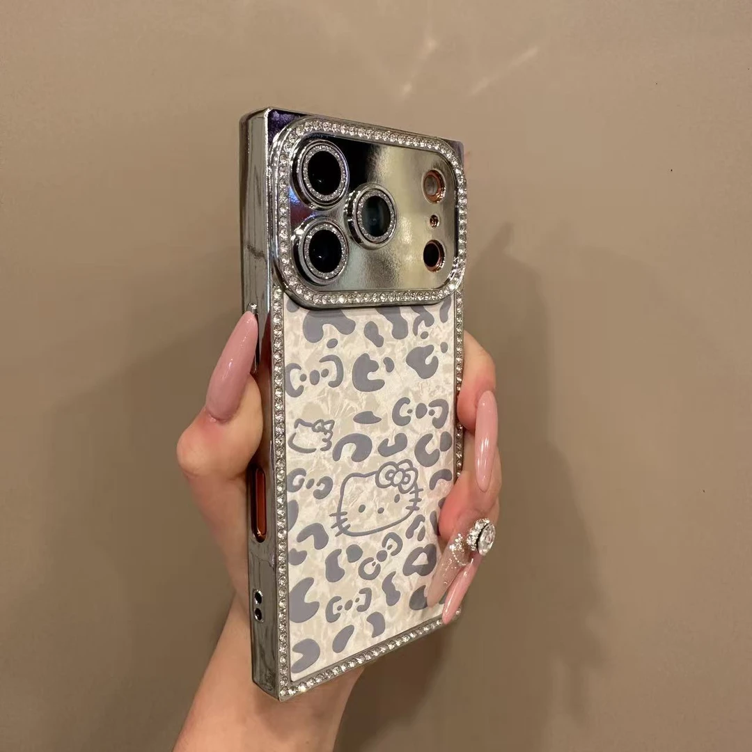 韩风小众闪粉豹纹KT猫适用苹果17Pro手机壳16PM新款15/14防摔