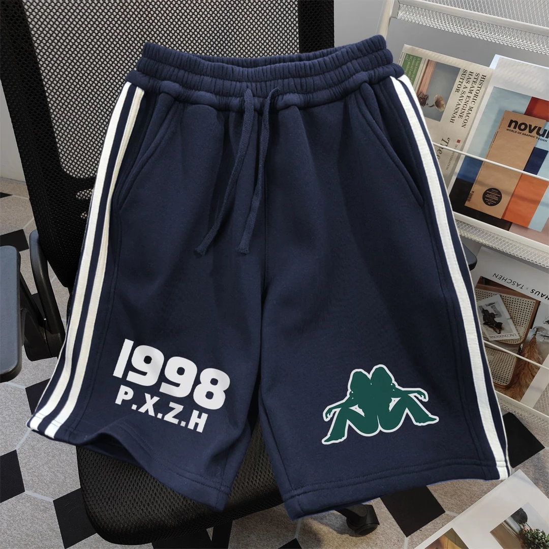 100%纯棉美式个性数字字母印花抽绳短裤男女夏季宽松五分裤ins潮