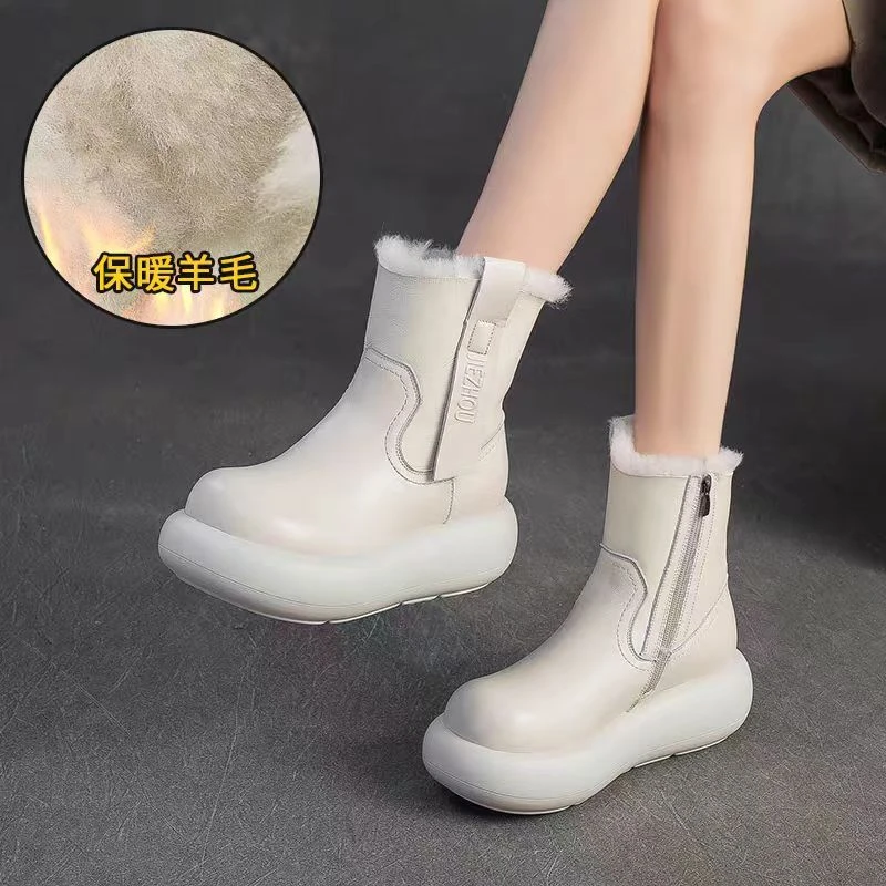 5Q906鑫款冬季松糕厚底头层牛皮加绒加厚棉靴羊毛保暖时尚雪地靴