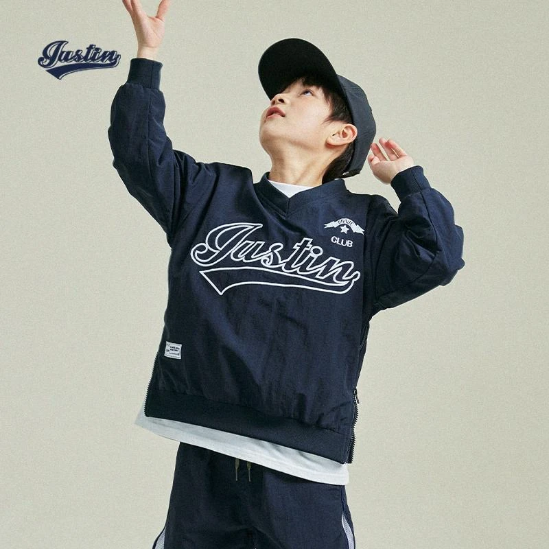JUSTIN童装25春v领卫衣中大童男孩棉感尼龙训练衫运动宽松长袖