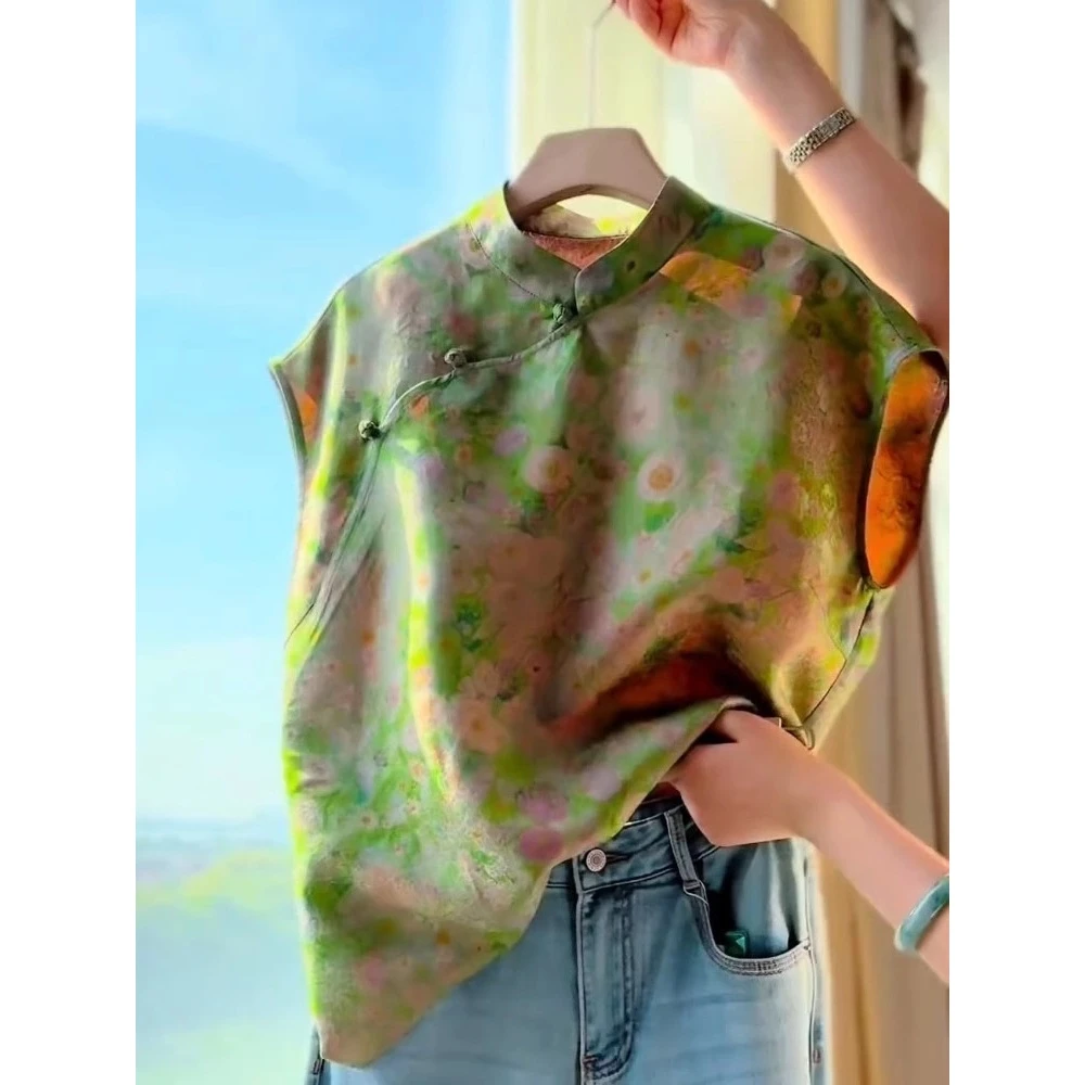 【635】新中式国风绿色印花斜襟气质夏季女士衬衫洋气复古禅意上衣