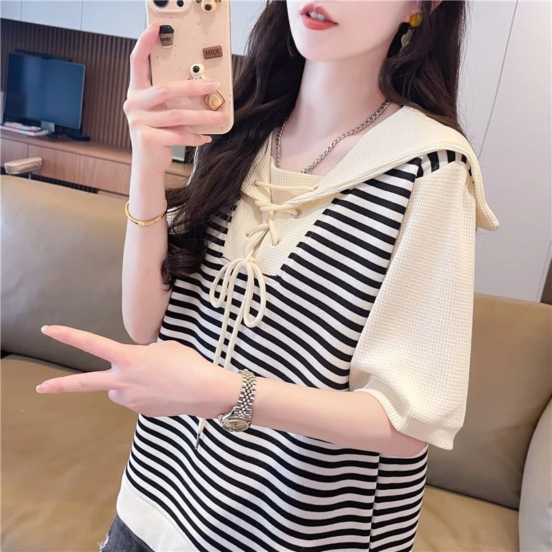 条纹假两件短袖T恤女夏季新款百搭显瘦别致减龄小众上衣体恤ins潮