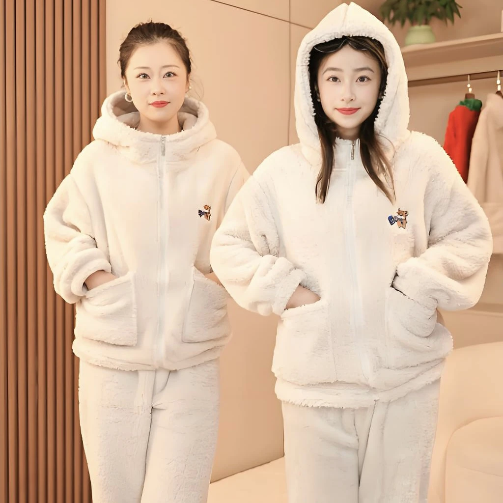 2025情侣款可外穿运动小熊睡衣女连帽家居服套装女松紧带套装秋季