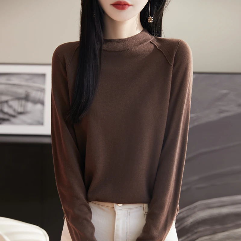 纯毛+天丝 春秋薄款针织打底衫纯色百搭显瘦宽松半高圆领洋气 女