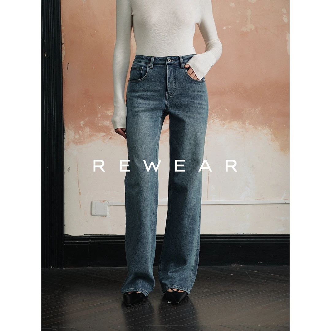 REWEAR/口碑强推 经典蓝色复古摩登棉质微弹直筒起绒牛仔裤12094