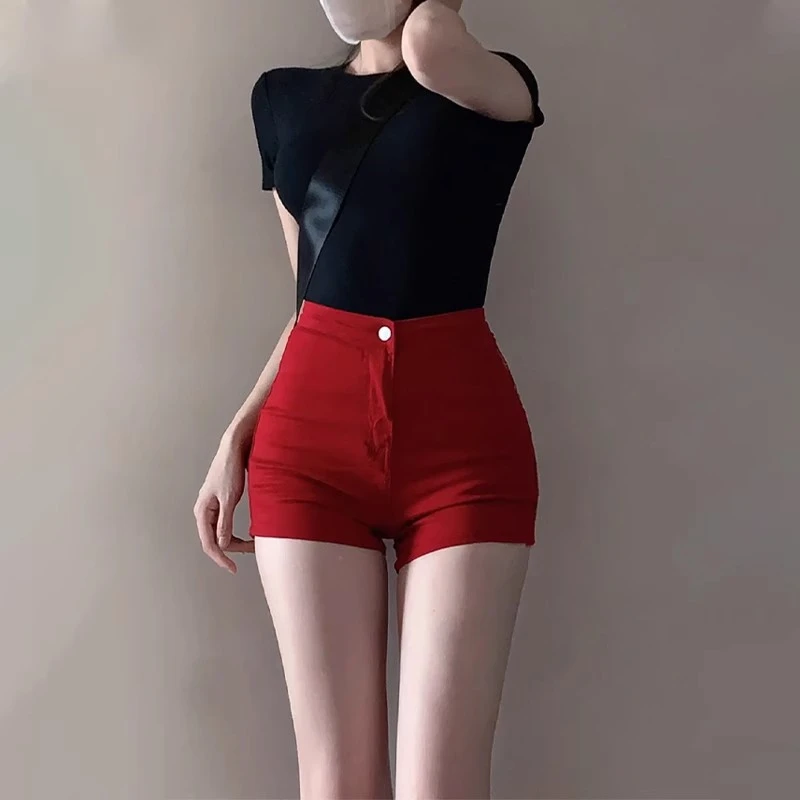 美式辣妹红色牛仔短裤女外穿夏季2025薄款高腰包臀紧身显瘦热裤子
