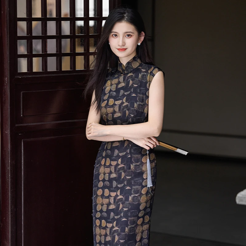 【昭影】良辰媄锦全开襟单层古法手工中长款旗袍衣长约130CM