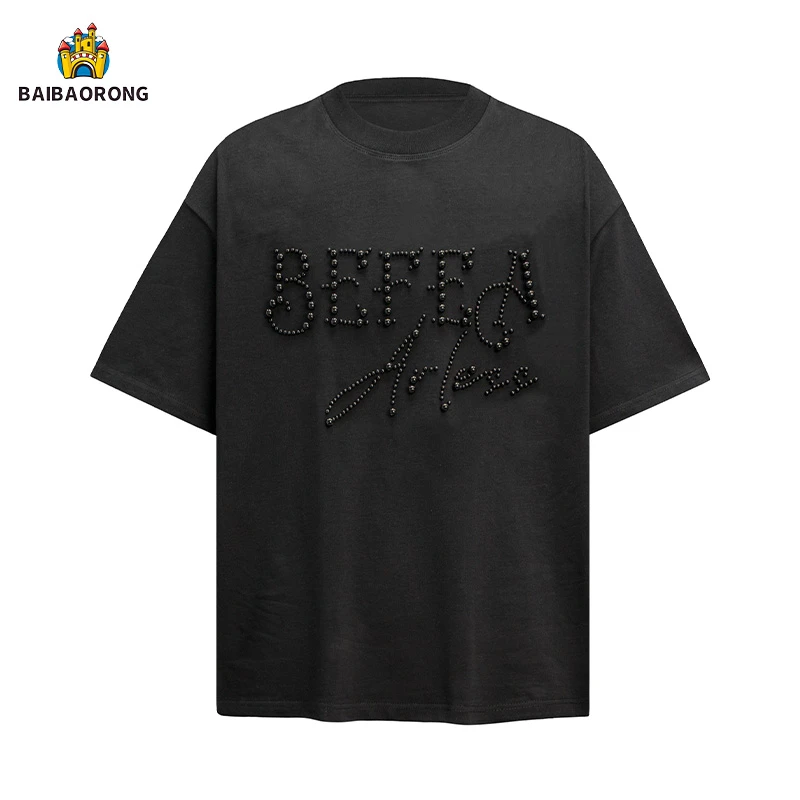 BAIBAORONG大码300斤设计感高街镶珠短袖T恤休闲字母痞帅百搭上衣