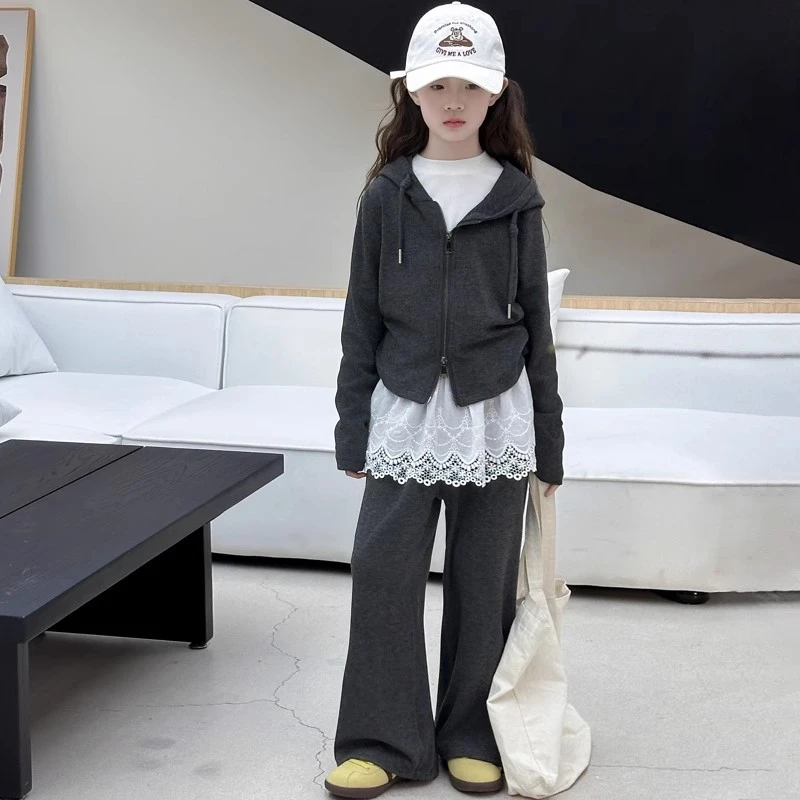 女童蕾丝套装春秋2025新款韩系儿童洋气开衫中大童时髦潮搭两件套