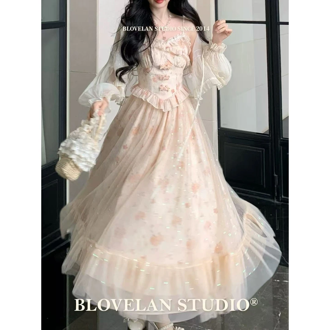 Blovelan花漾星纱 法式气质浪漫印花蕾丝细闪网纱吊带连衣裙夏季