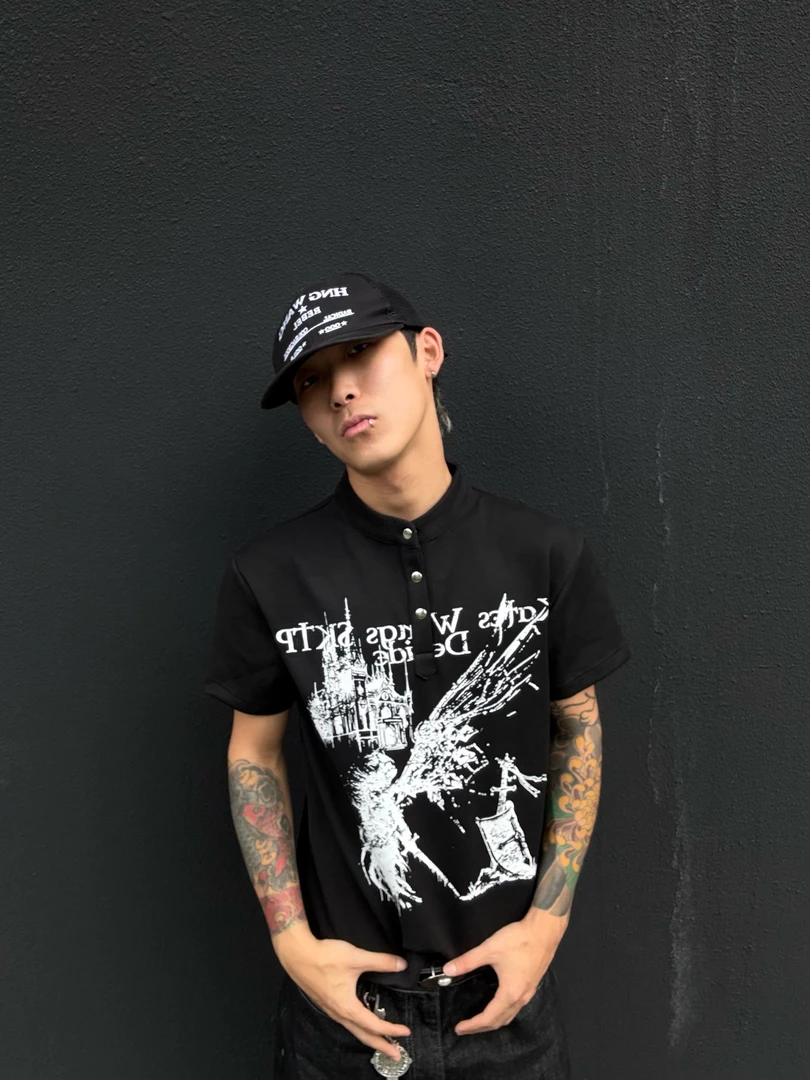 SKATEPARK “堕落天使”260g空气层哥特风做旧印花正肩亨利领短袖