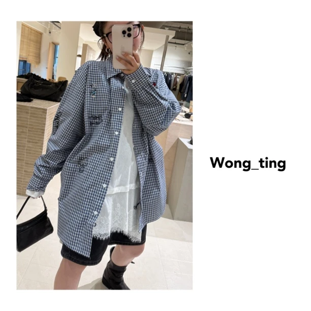 wong_ting<可爱格子猫休闲格子刺绣衬衫6367