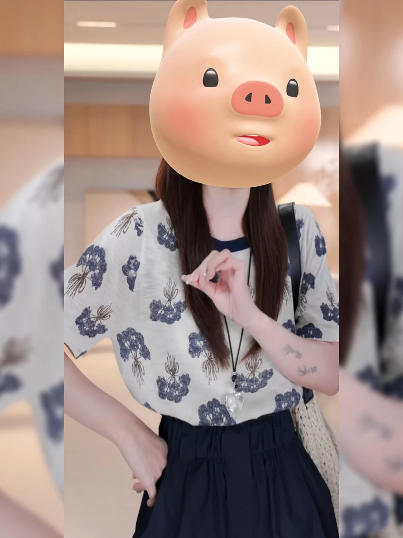 时尚撞色圆领夏天宽松慵懒花朵印花短袖上衣阔腿休闲短裤花苞裤潮