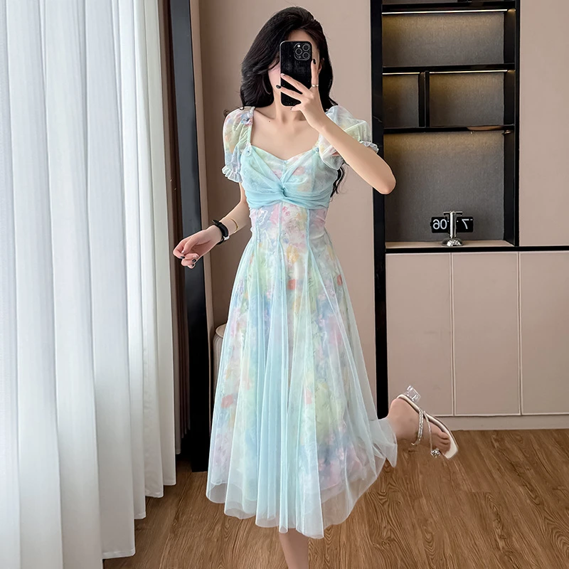 夏季高品质新款法式纯欲风小众印花长裙海边度假风收腰显瘦连衣裙