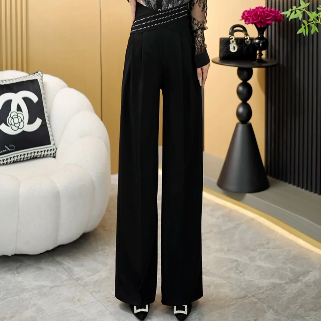 【赫啦美】夏季新款时尚百搭设计款气质高腰烫钻垂感阔腿裤女