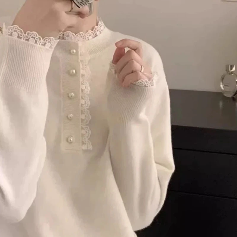 小香风蕾丝花边高级感毛衣洋气纯色宽松长袖针织衫内搭打底上衣1