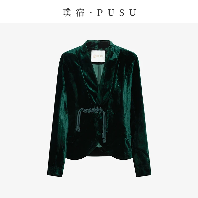 璞宿PUSU 冷翡翠 桑蚕丝丝绒交领弧摆外套 55827