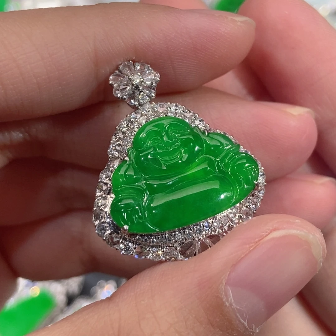 翡翠18K金镶嵌吊坠(不含链)天然缅甸A货翡翠