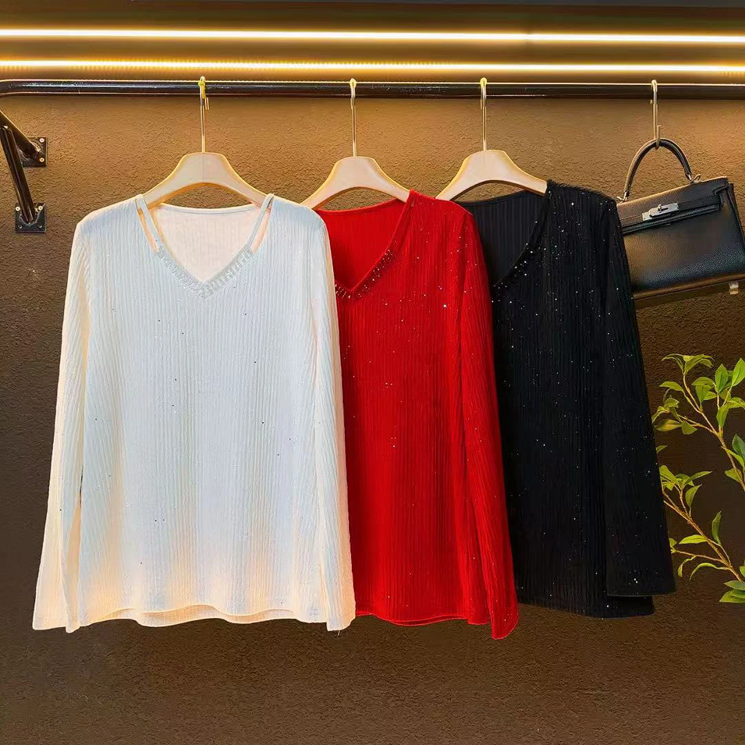 新款2025早秋v领亮片设计洋气显白大码减龄上衣/6616