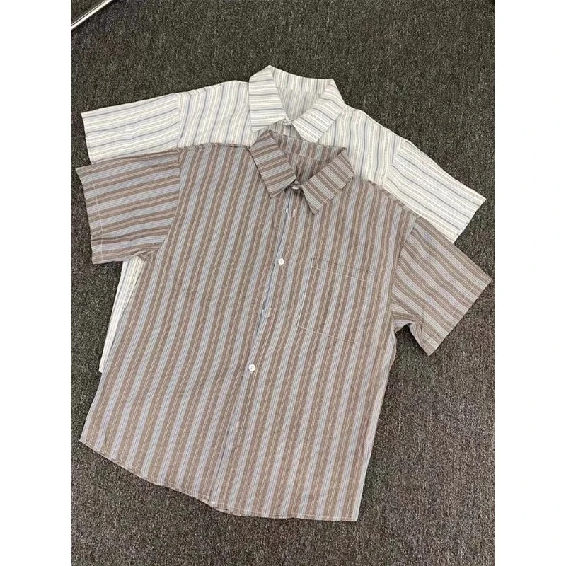 咖色条纹撞色短袖衬衫男夏季薄款宽松透气休闲衬衣高级感痞帅外套