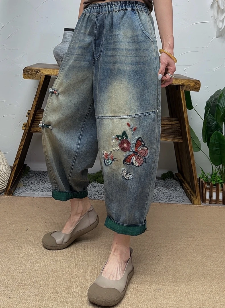 8222夏季新品炒色系重工刺绣牛仔哈伦裤