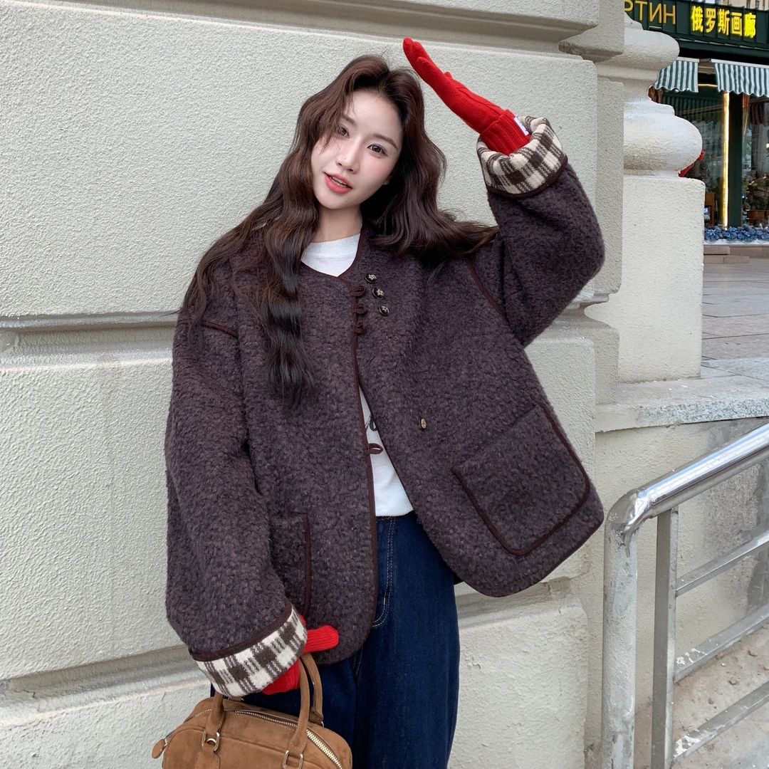 咖色小香风两面穿仿羊羔毛短外套女2025秋冬韩版时尚加厚毛绒上衣