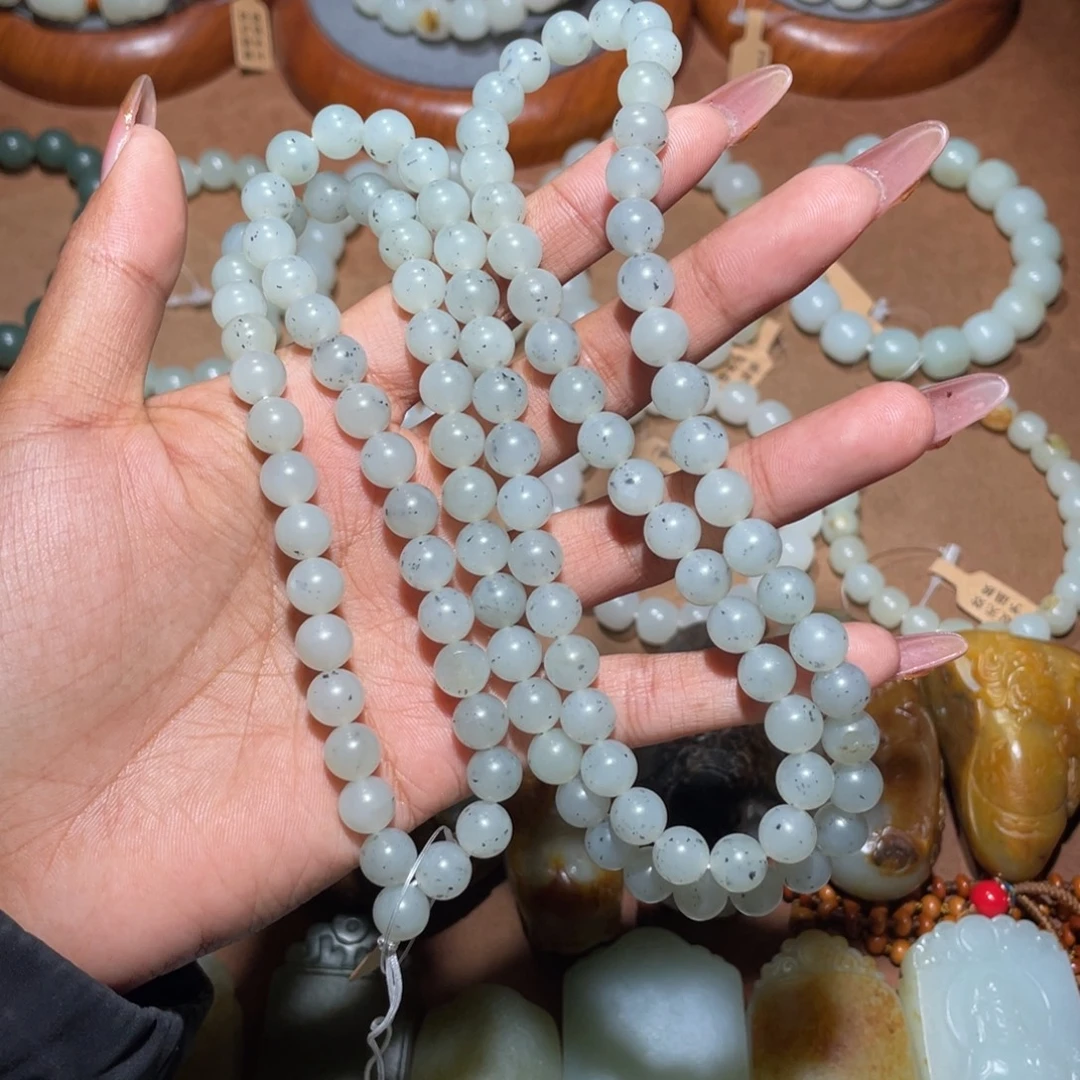 和田玉未镶嵌手串卡8点墨108