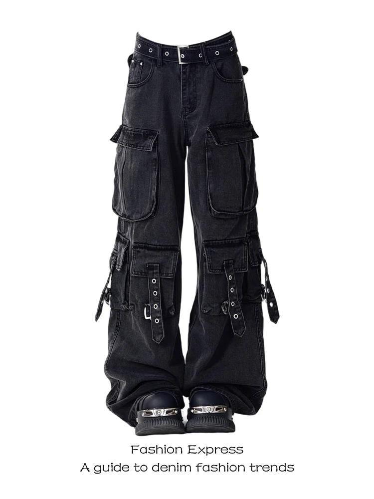 美式vibe高街多口袋黑色工装牛仔裤女2025秋冬新款宽松阔腿拖地裤