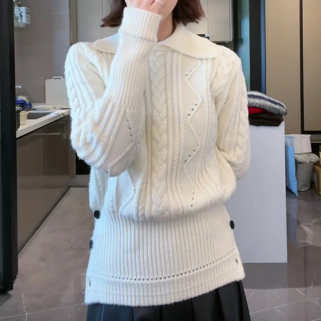 2025新款翻领麻花收腰设计感套头时尚气质百搭毛织上衣LK2501249
