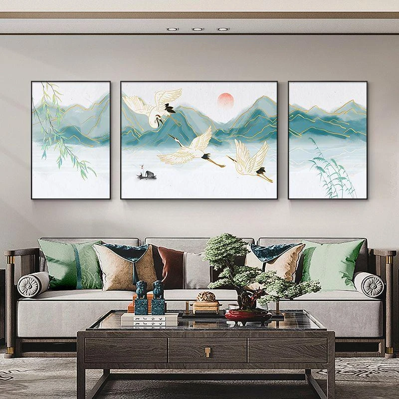 】新中式客厅装饰画祥云仙鹤沙发背景墙挂画大气壁画寓意好三联画