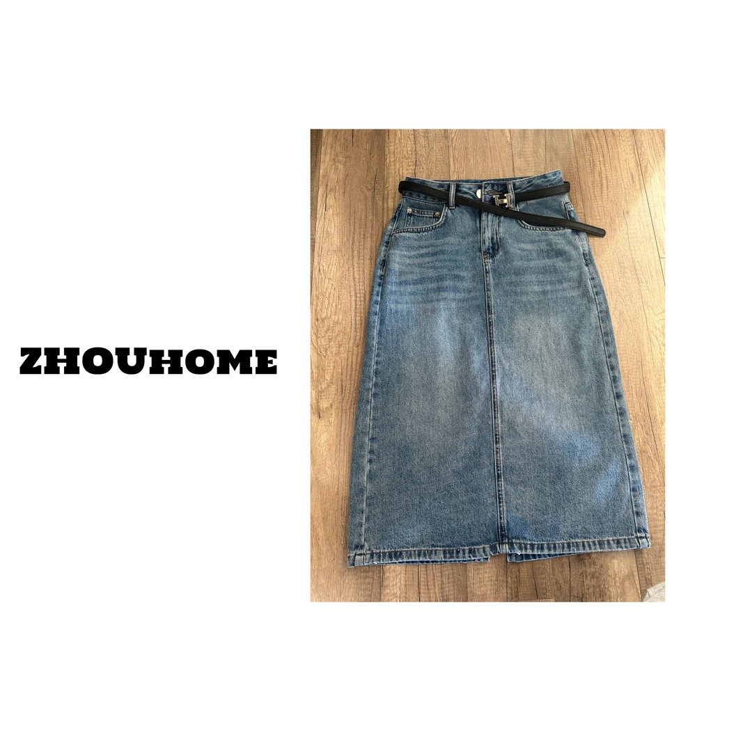 【周周服饰】欧货复古洋气中长款牛仔半身裙女春夏2025新款-配腰带