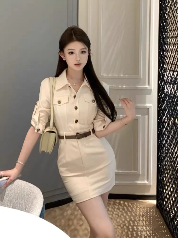 185复古气质时尚气质洋气收腰修身紧身POLO领长袖衬衫包臀连衣裙