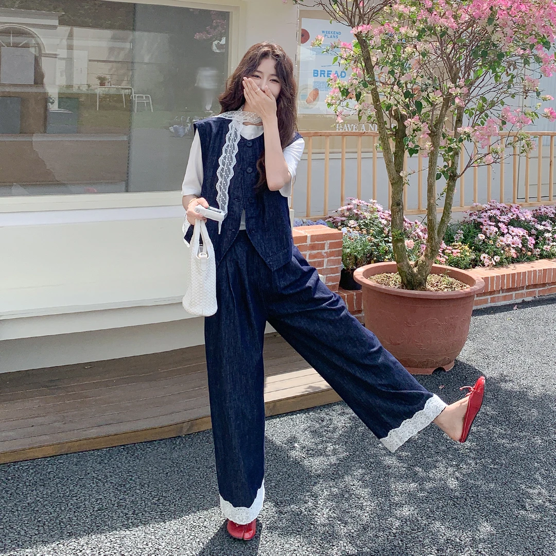 夏季ootd穿搭韩系减龄牛仔套装裤女复古马甲短袖T恤阔腿裤三件套