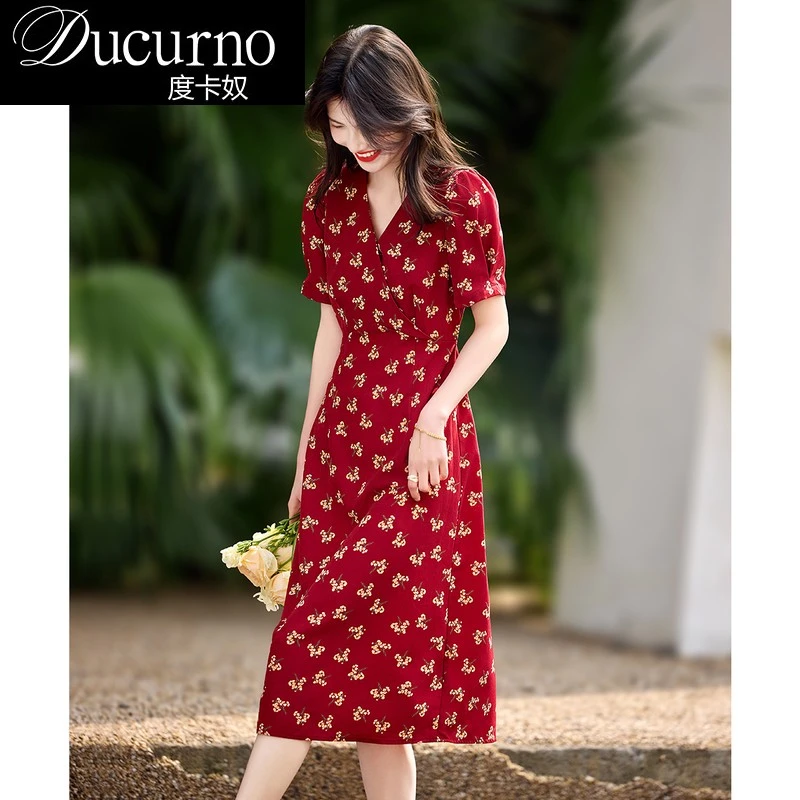 红色高腰碎花时尚法式连衣裙女装2025夏季韩系ins衣服中长款裙子