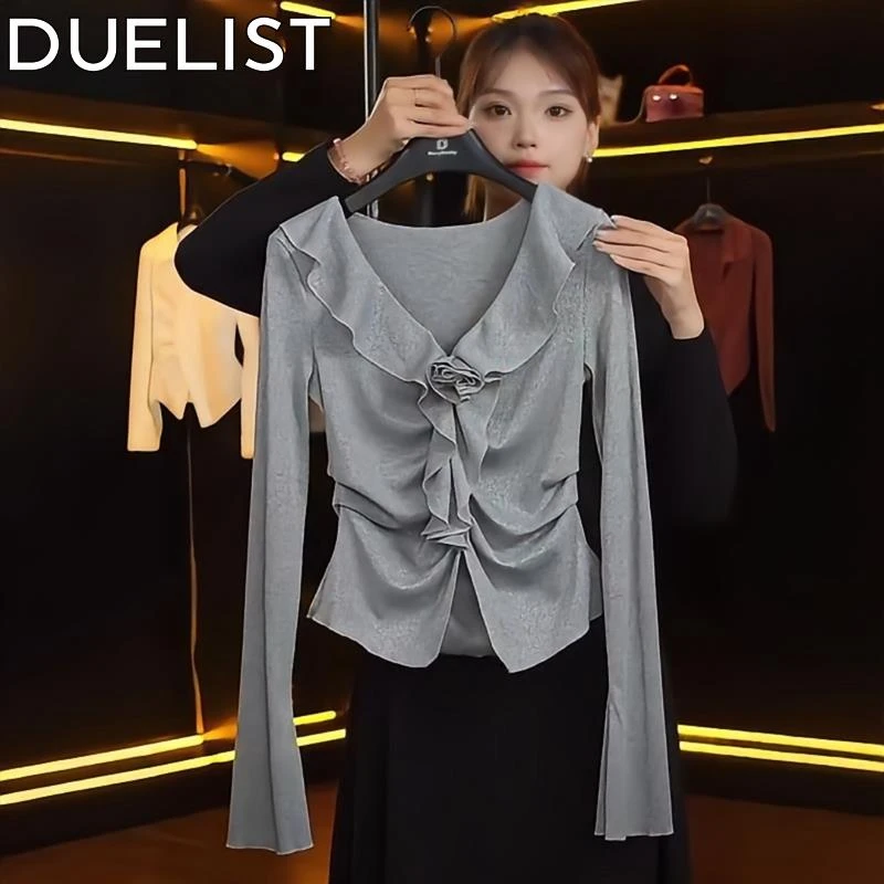 DUELIST立体花朵荷叶边长袖T恤小女子新款气质褶皱收腰打底衫上衣