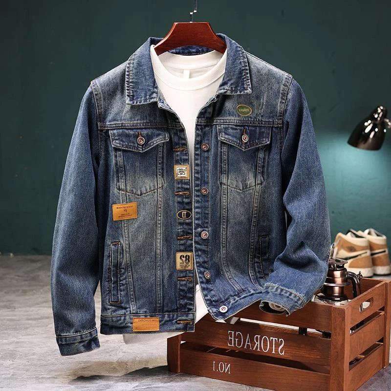 灏吉弧高端牛仔外套男士春季翻领贴标复古夹克2025秋冬新款美式