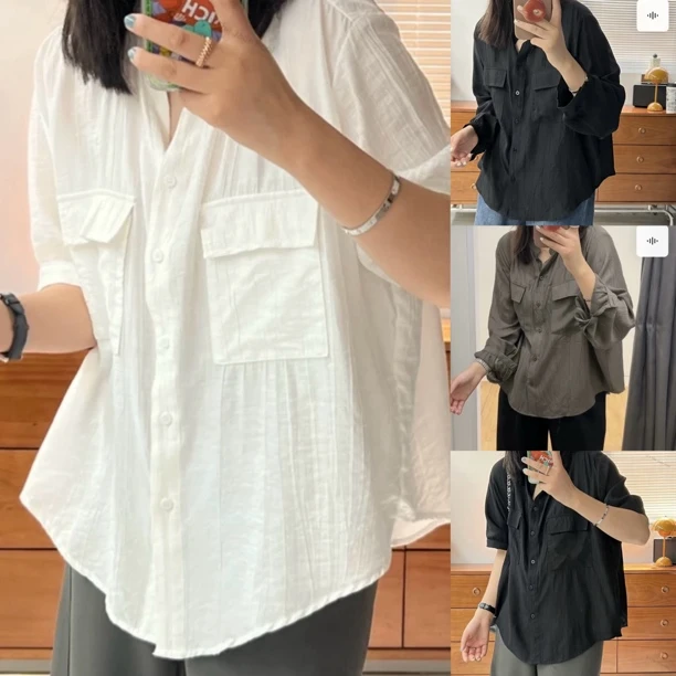 大码女洋气韩版宽松时尚v领前长后短衬衫胖mm肌理感慵懒口袋衬衣