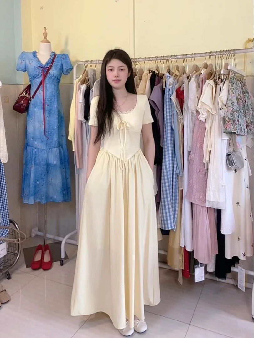 法式高级感方领拼接连衣裙女夏季新款收腰显瘦中长裙子