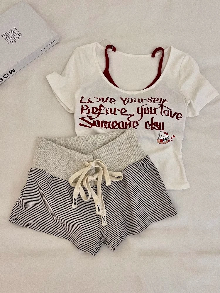 【甜美套装】少女字母Kitty印花短袖睡衣女夏款带胸垫家居服两件套