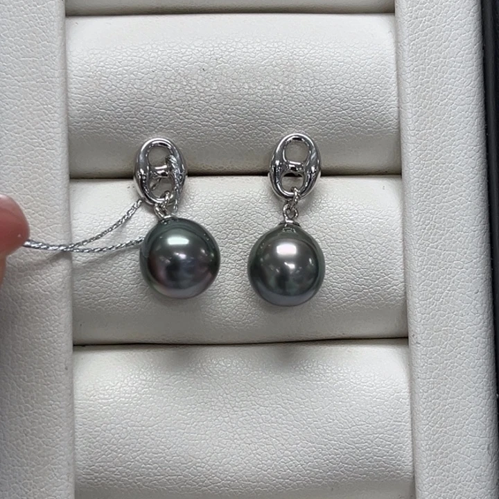 银S925镶嵌海水珍珠耳饰大溪地9-10mm43号