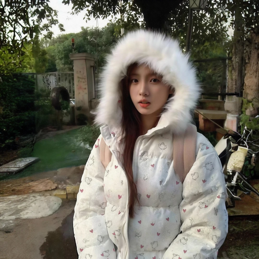 毛领卡通小个子可爱连帽短款棉袄棉服女2025冬季新款棉服加厚外套