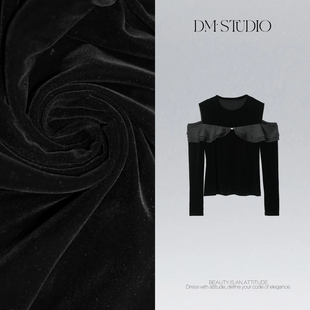 DEDM•STUDIO/精致感修身显瘦气质露肩植绒长袖上衣2508TX/28053