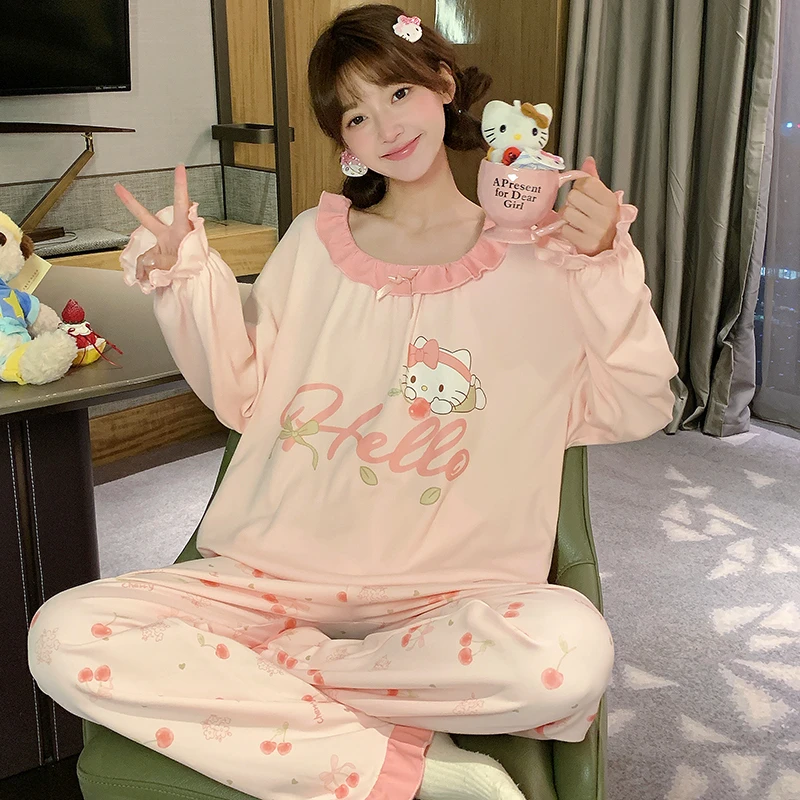 甜美睡衣女春秋季纯棉长袖套装公主风可爱KT猫少女学生家居服秋冬